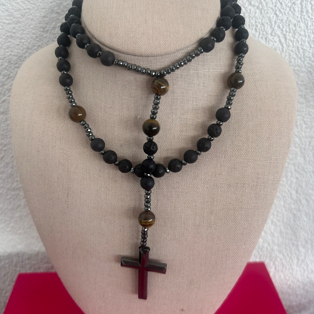 Black Bead Rosary-Style Cross Necklace